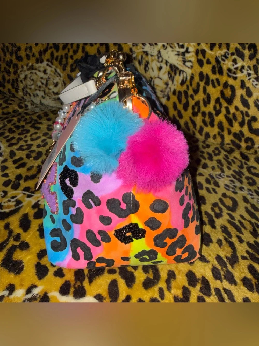 🌈NWT Custom Juicy Couture Neon Leopard Print Lisa Frank Kiss Lock Clutch Bag🌈